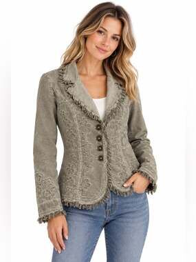Giocam Gray Embroidered Cotton Blazer Fringe Jacket Boho Western Artisan Folk M